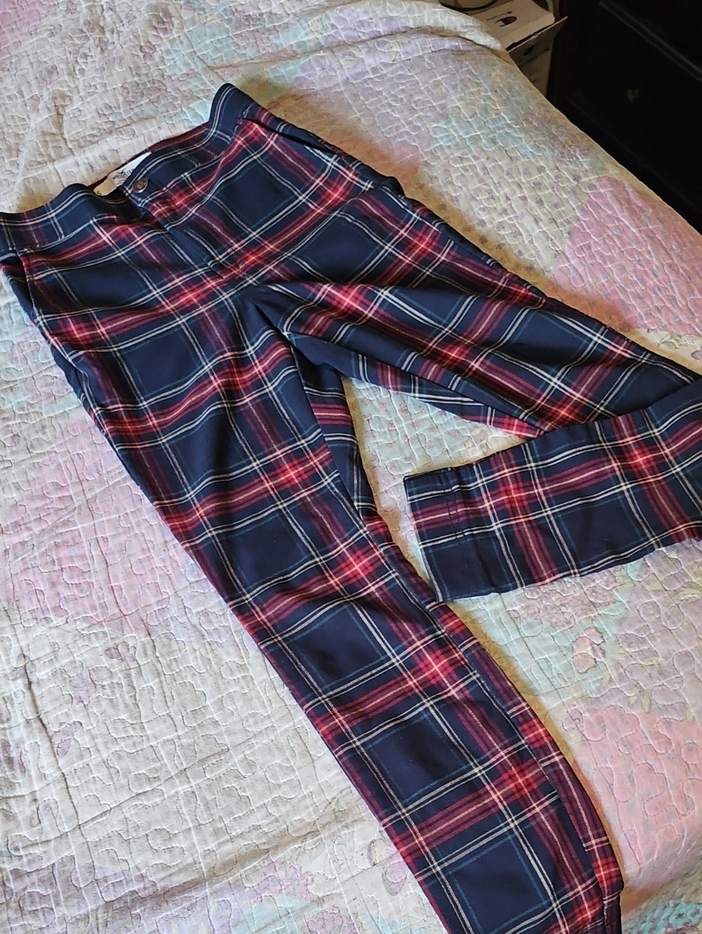 Hollister Navy Plaid Stretch Trousers with Pink Windowpane
